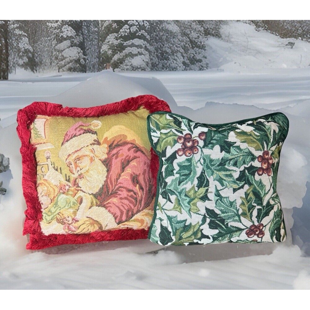 Christmas Vintage Tapestry Pillows Santa & Girl Holly & Berries Small